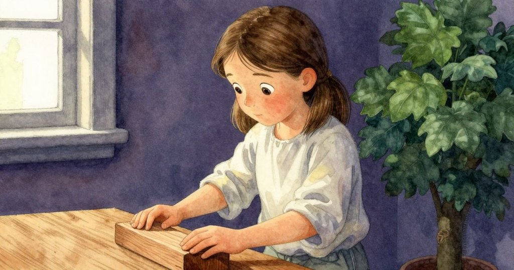 哈蒂專注地觸摸桌上的雪松木塊，木材細膩紋理在柔和光影中顯現出溫馨記憶。