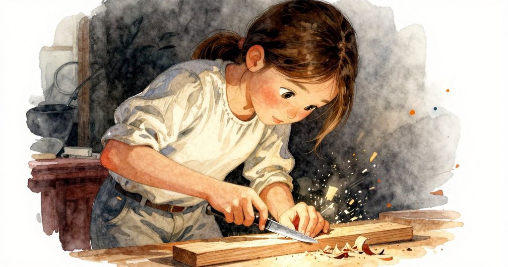 哈蒂低角度專注於雕刻雪松木塊，刀鋒輕掃間木屑舞動，映出溫暖燈光與內心回憶。