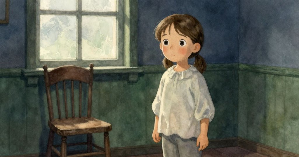 哈蒂凝視空椅與霜窗上淡淡痕跡，房間充滿懷舊朦朧感，彷彿回憶悄然流轉。