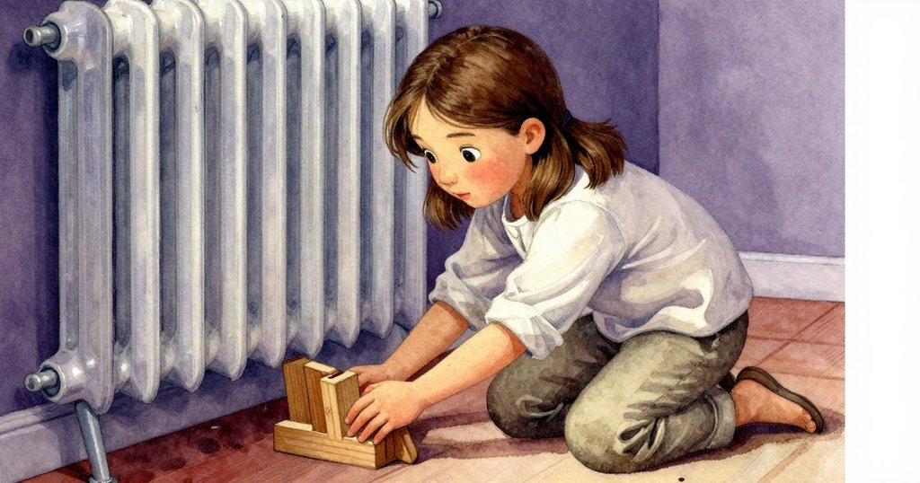 哈蒂驚聽聲響急忙蹲下，伸手從暖氣下取出雕好的木楔，冰冷金屬讓她神情集中。