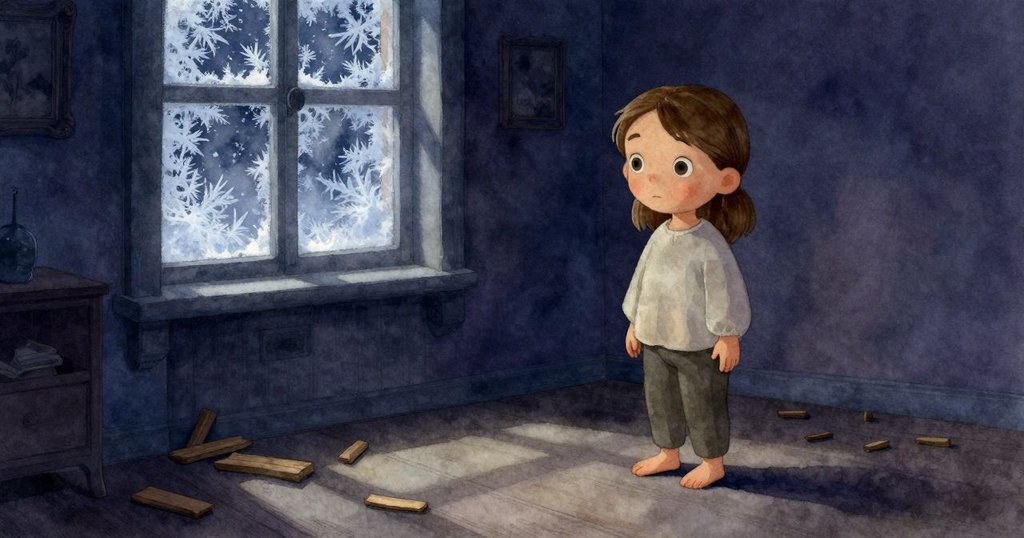 全景展現細緻霜窗、木塊與隱藏於角落的木楔，哈蒂在房間中若隱若現，娓娓道來晨間故事。