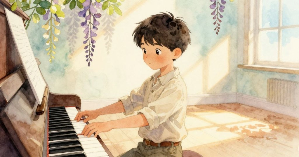 卡爾在溫暖午後調校鋼琴，伽瑪靜靜站在後方，窗外紫藤映照出金色光芒，情緒專注且充滿期待