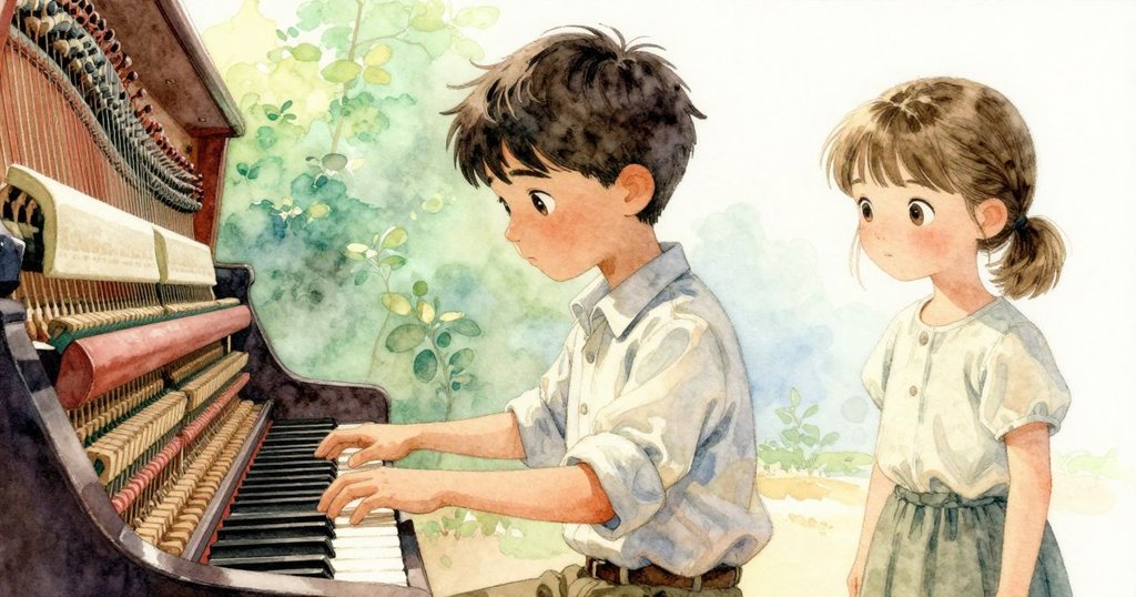 卡爾的手指輕觸琴桿，細看琴弦與橡膠靜音器，溫暖光線強調專注調整的瞬間