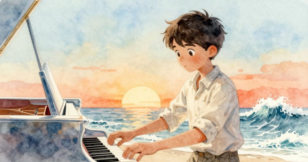 卡爾面對琴聲失衡，畫面左右分割現實與幻想，情緒內斂中透露出堅持與希望