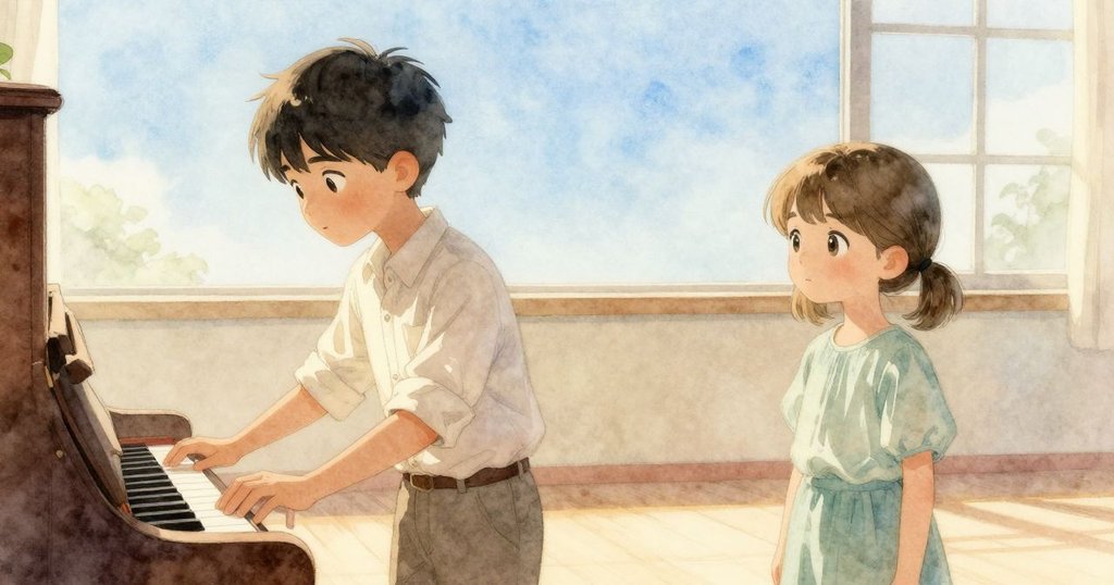 卡爾靜立於調音後安靜的鋼琴邊，輕撫陽光映照的木紋，伽瑪遠觀露出溫柔欣慰之情