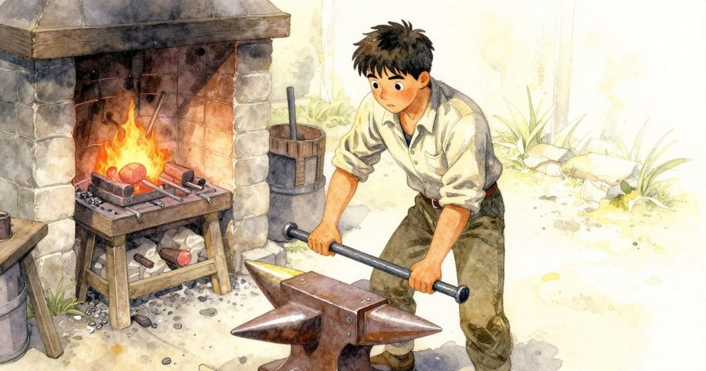 透過鳥瞰視角，Luke在靜謐工坊內，小心地將生鐵放置於鋼鐵砧上，晨光柔和營造溫暖氣氛