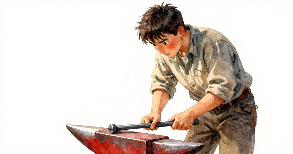 近距離展示Luke專注神情，他輕敲生鐵聆聽回音，暖黃光線映照下表情流露好奇與憂慮