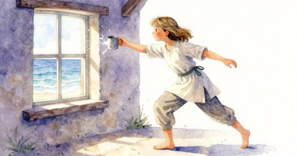 透過窗戶視角，看到Nessa微笑進入工坊，手持半滿涼水的杯子，輕輕潑水於鐵砧上，光影交錯溫馨