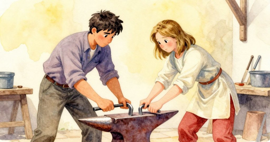 工坊新區內，Luke與Nessa默契合作，Nessa小心放置廢鐵楔子調整歪斜鐵砧，Luke穩定生鐵，場景溫馨