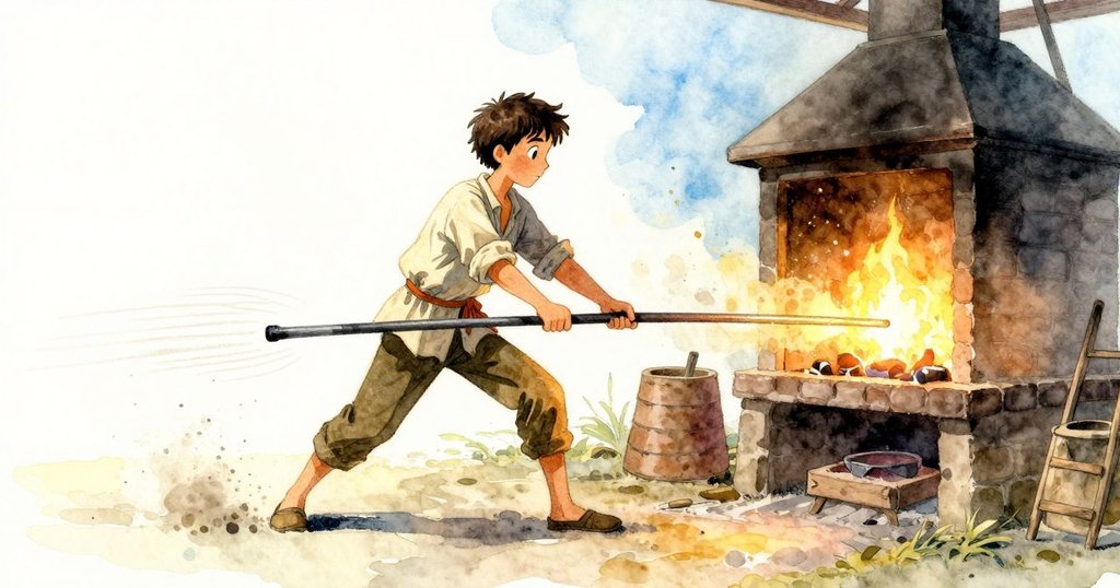 動態鏡頭捕捉到Luke再次放下生鐵，陽光下塵埃閃爍，鐵砧平整，展現成功調整的瞬間與活力