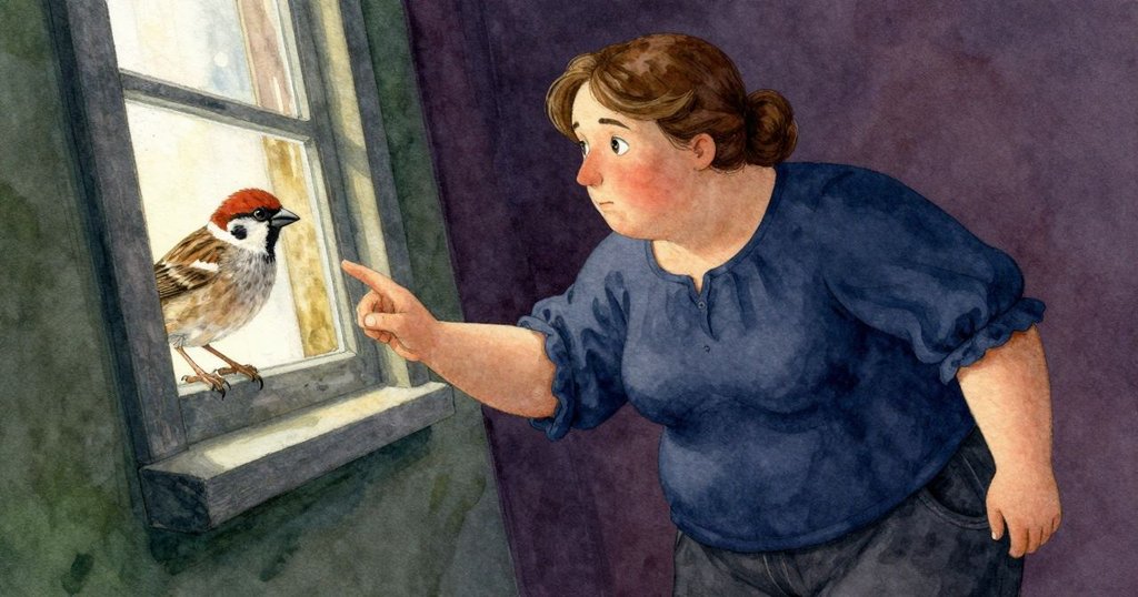 透過傾斜窗戶看見銅柱上小麻雀,Eve靜靜凝視展現細膩觀察與室內溫暖氛圍