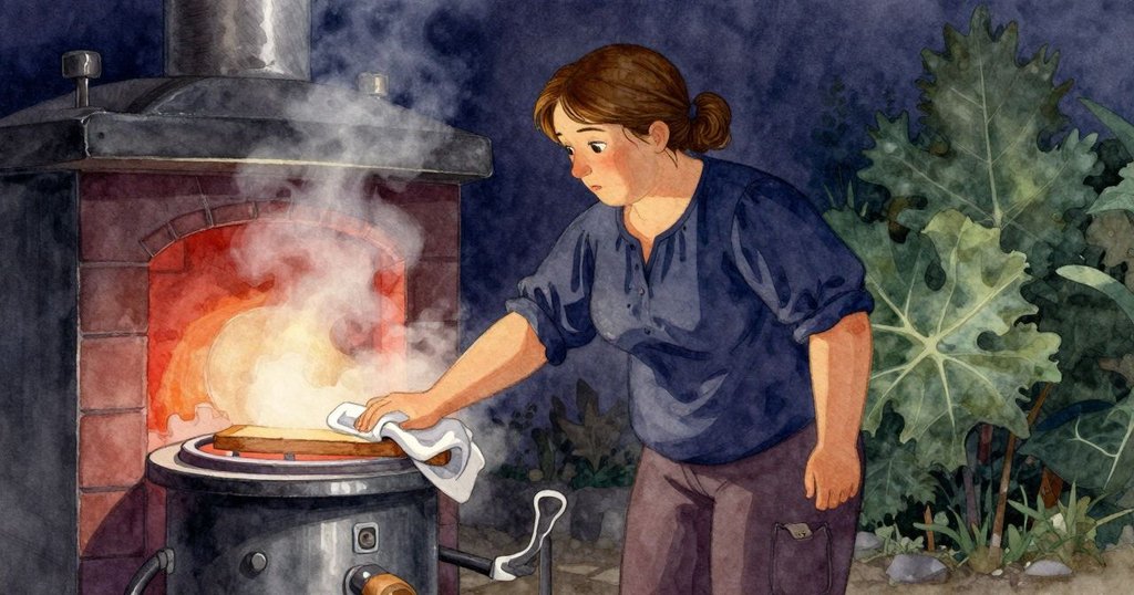 Eve在微霧與溫暖燈光中輕拭木塵,古老爐口旁安靜展現專注與沉思的瞬間