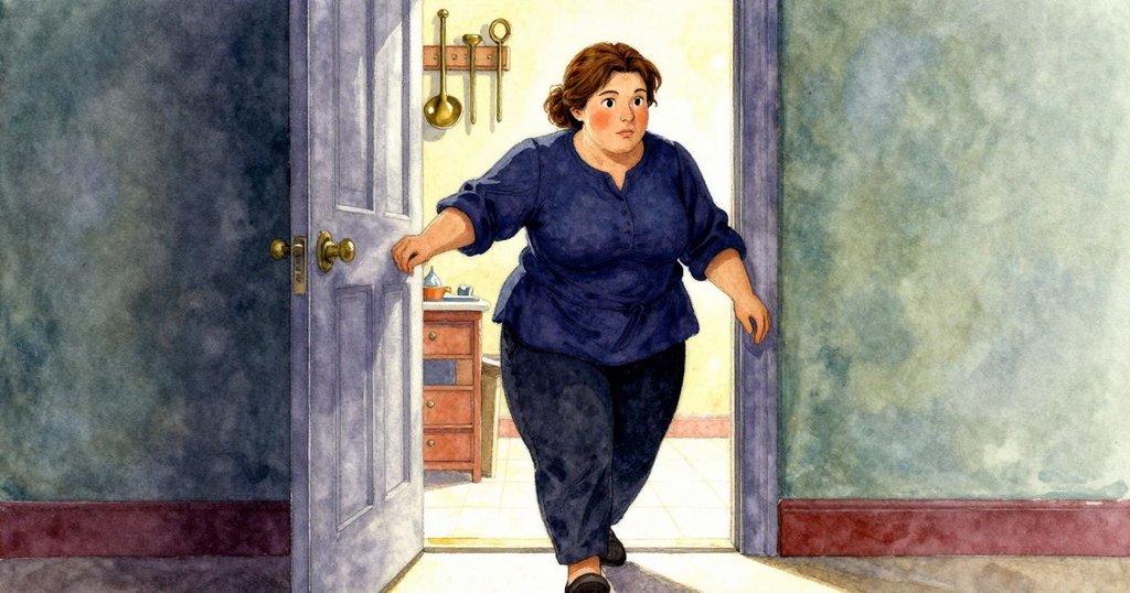 Eve帶著堅定神情步向明亮開放之門,背景中銅柱隱約見證探索過程,光影交織展現新旅程展開