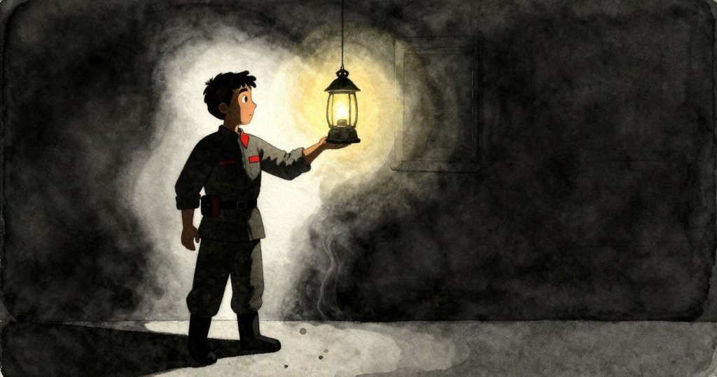 帕吉特在燈塔內繞行燈具，身影在明亮旋轉光芒中清晰展現，開始夜間工作，環境寬敞