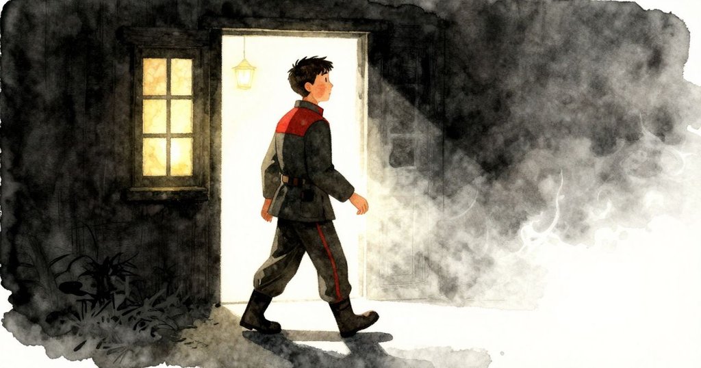 帕吉特完成修復後轉身離開燈塔室，回眸看著持續旋轉的燈光，步伐從容，夜晚燈光柔和告別