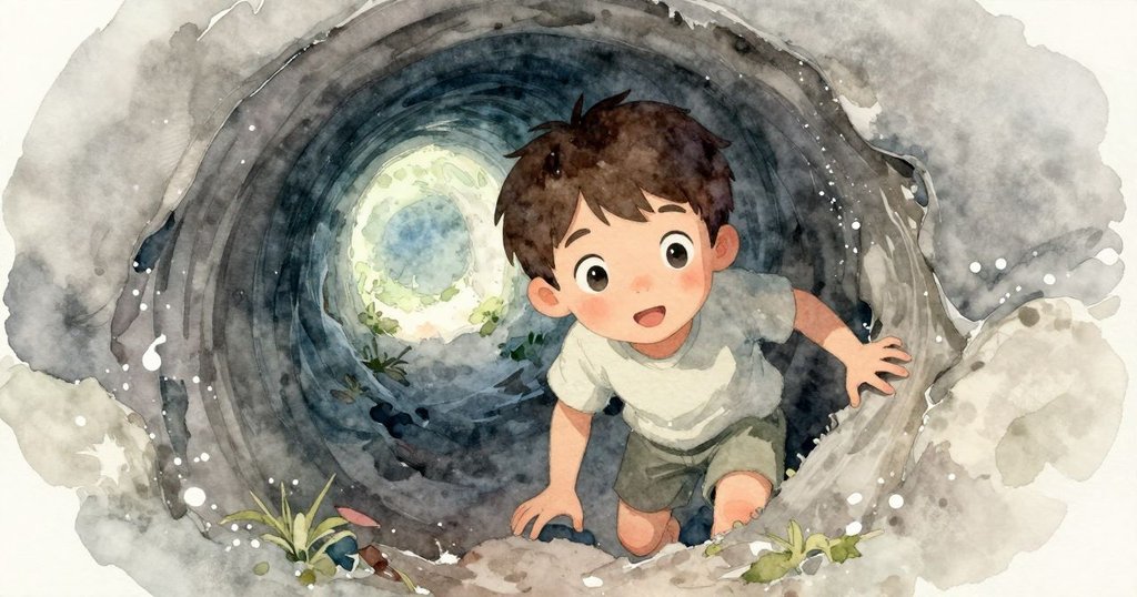 Jethro在幽暗隧道內透過縫隙觀察，身體微前傾，透露出對水花與未知旅程的期待與好奇