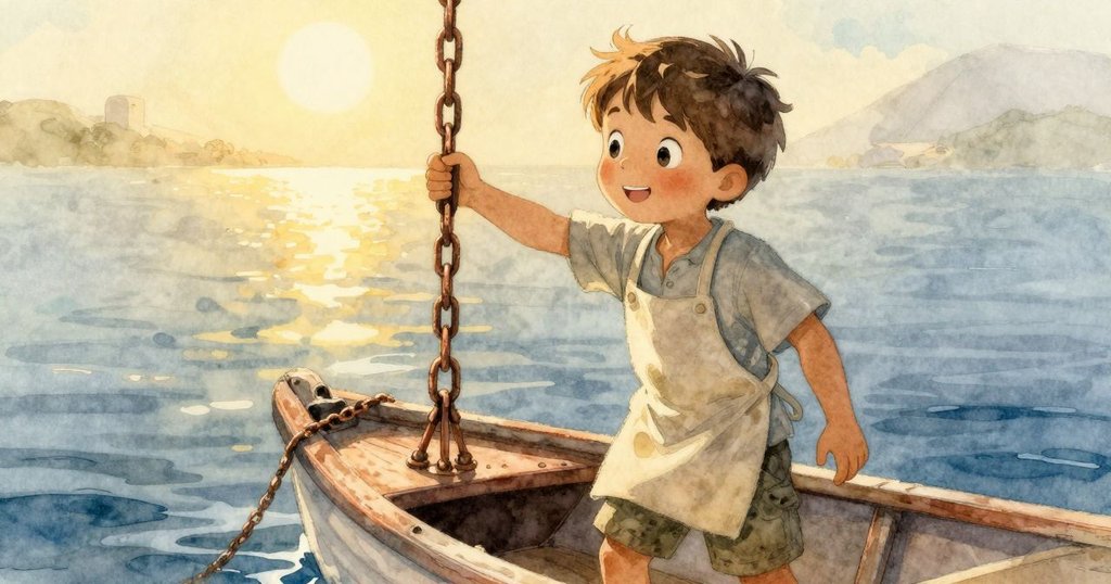 Jethro在鏈條升降機上，輕觸乾爽圍裙，船上水流逆轉，晚霞映照中展現出旅程間的片刻靜謐