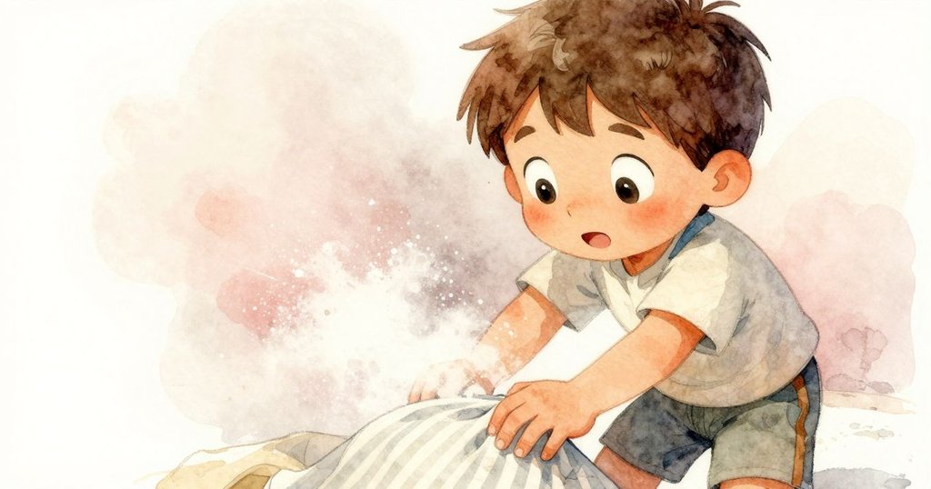 Jethro在下沉時細心觸摸圍裙，手中浮現微塵，暗藏神秘徽記，臉上流露出既驚疑又好奇的情感