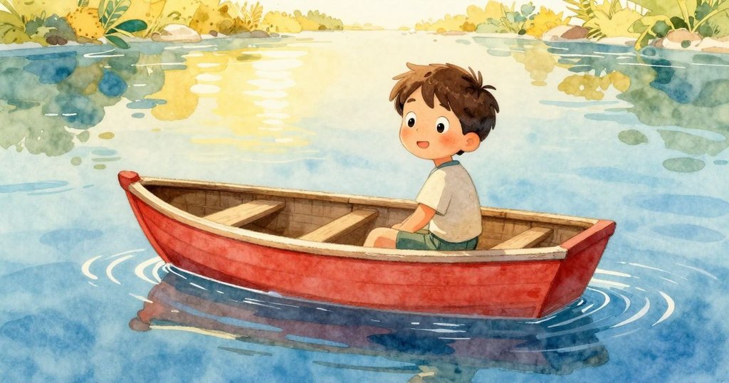 Jethro坐在平靜水池中搖晃的木筏上注視圍裙，臉上充滿沉思與期待，溫暖光線下預示著未完冒險