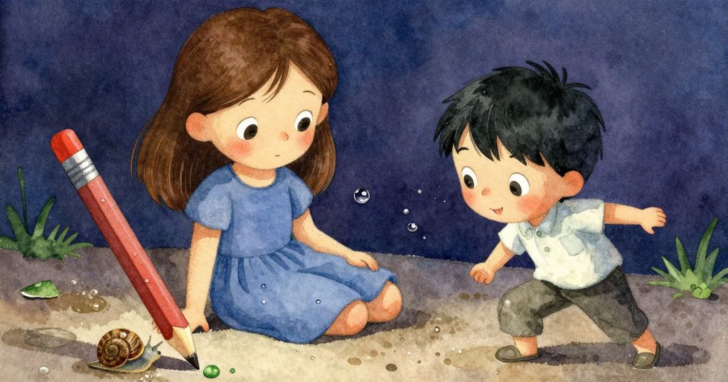 畫面特寫水浸鉛筆、蝸牛及綠色碎片，展現Juliet細緻捕捉自然細節的靜謐時刻