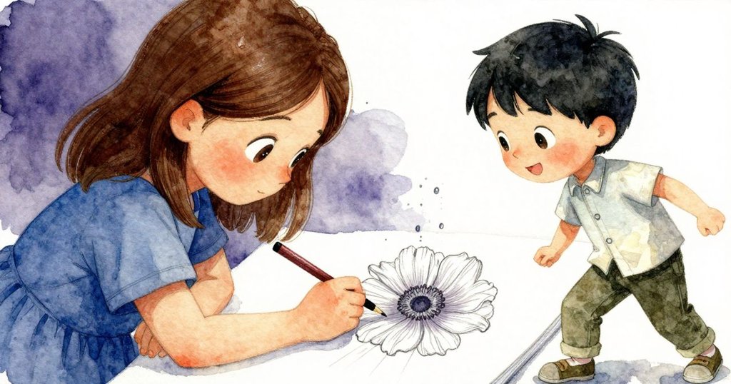 透過畫本看到滴水斑駁的線條，Juliet用濕潤鉛筆修繪，表情從驚訝轉為平靜