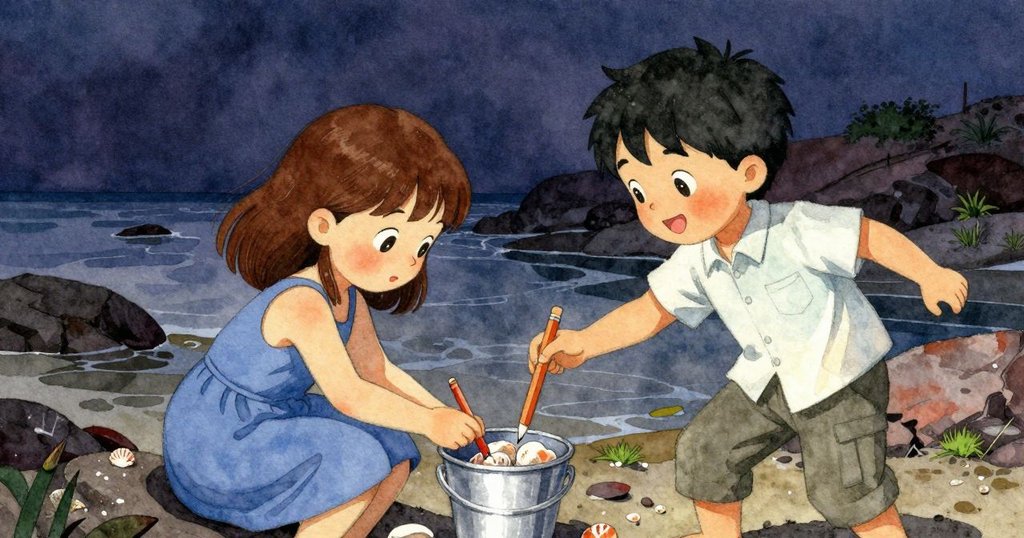 Niall拿著破舊貝殼桶現身協助Juliet，兩人於潮池邊合作挽回漂流鉛筆，情境溫暖動人