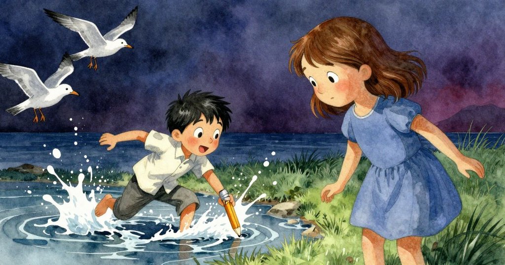 突如其來的鏈撞聲與鷗鳥掠過潮池，Juliet驚愕表情顯現，鉛筆急速滑動，情緒高度緊張