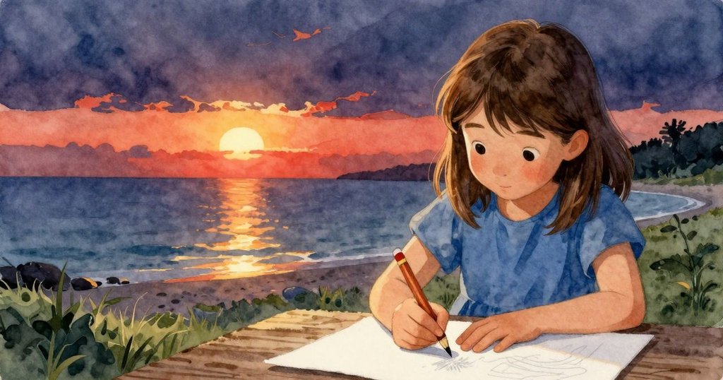 黃昏日落時，Juliet拾起水浸鉛筆重新作畫，溫暖金光灑在潮池與岩石上，情感穩定堅定