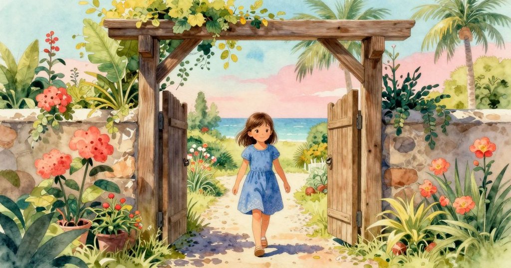 貝婭從柏木大門下穿過進入花園，她輕盈邁步踏上碎石路，陽光灑落展現清晨探險的溫暖氛圍