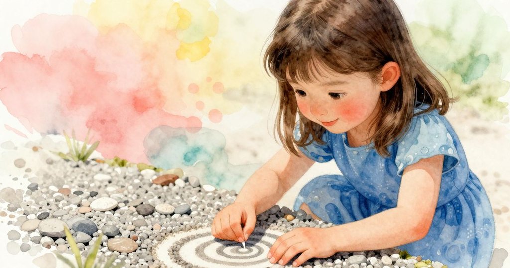 貝婭凝視腳邊螺旋痕跡，眼中流露好奇與驚喜，面部特寫展現專注和神秘的感受