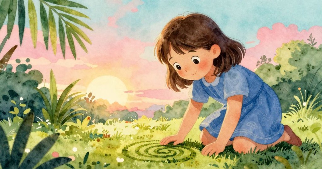 從下方視角看貝婭跪在青苔上，她輕觸螺旋痕跡，神情專注充滿探索熱情與細膩情感