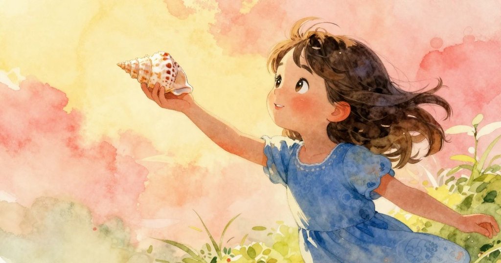 貝婭在花園中輕快地伸手撿起散發珍珠光澤的小螺殼，動態姿態配合自然微風展現探索的喜悅
