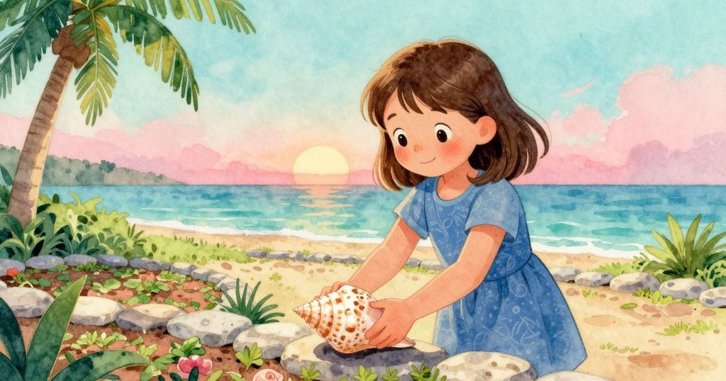 貝婭靜謐地放下螺殼在邊石旁，碎石新刻痕跡與夕陽柔光交織，帶來溫暖而又開放式的結局