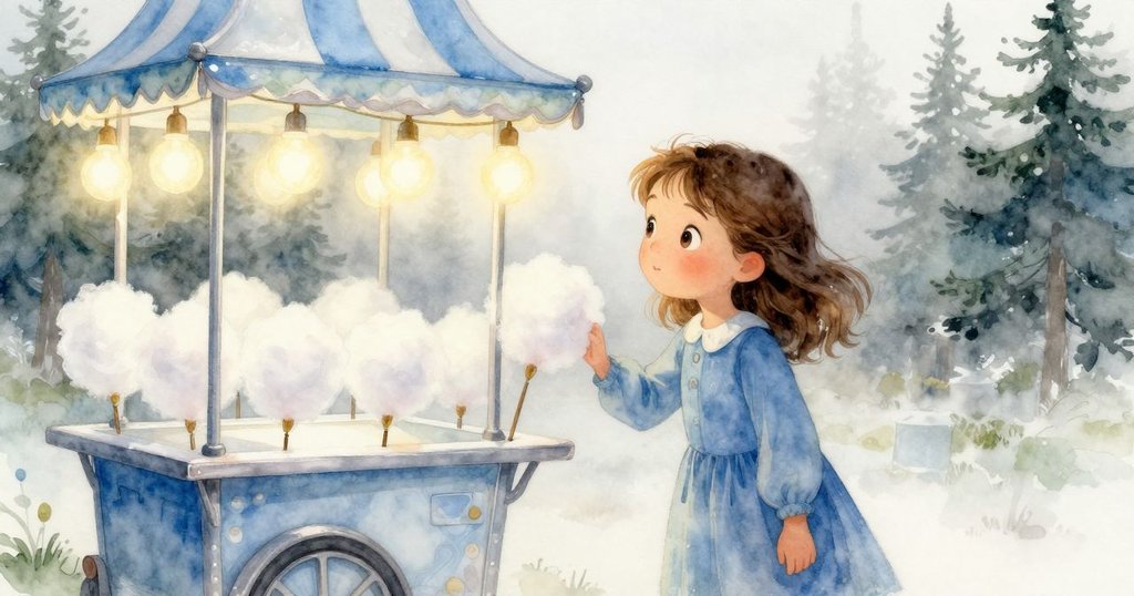 Freya站在棉花糖攤前,望著朦朧燈泡發出柔和光芒,背景是輕霧瀰漫的早晨,流露出驚奇與期待。