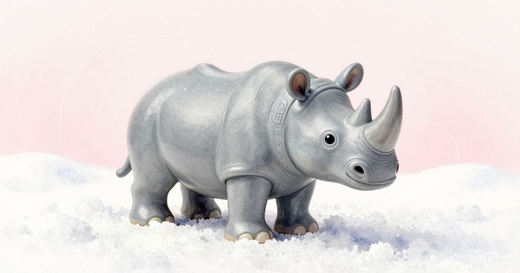 塑膠犀牛從低角度觀察甜糖絲繞纏,表面映出柔和光澤,畫面流露童趣與神秘魔幻感。