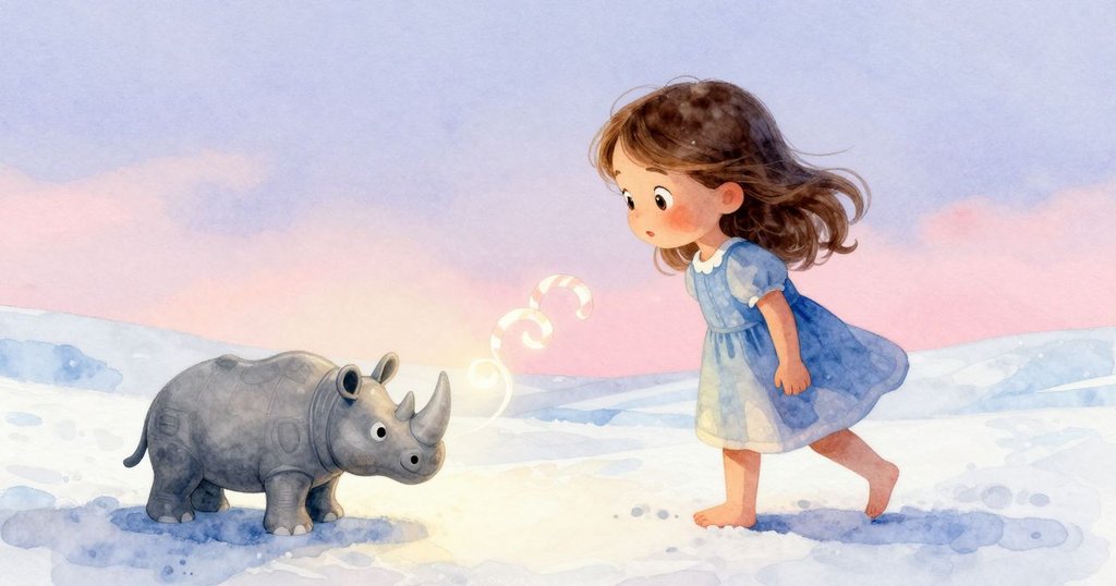 Freya靜立遠望發光的棉花糖攤,破損燈泡柔光閃爍,塑膠犀牛潔淨,糖絲緩緩飄舞,畫面充滿象徵和諧。