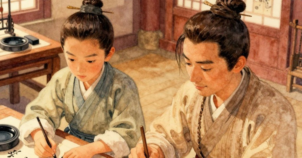 奈爾和亨里克在靜謐書法室中勞作，從上方角度看見木桌、硯台與水盆，環境充滿溫暖柔光。