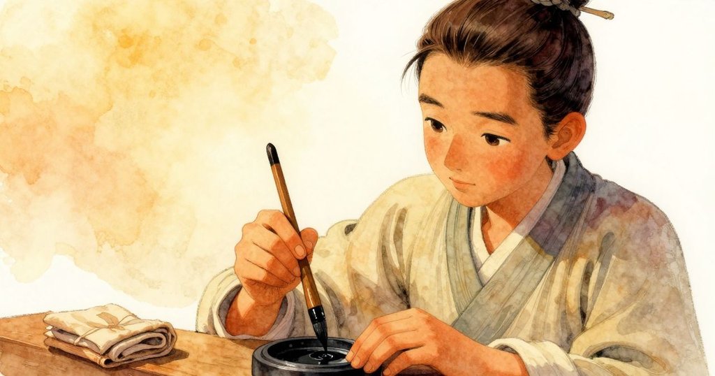 奈爾專注測試毛筆，手觸冰涼硯台及夾著的摺布特寫，展現書法細節與溫暖光線。