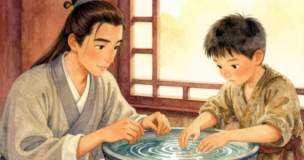 從奈爾視角看見窗邊水盆中微妙漣漪擴散，毛筆輕觸紙面，意境深遠且充滿靜謐感。