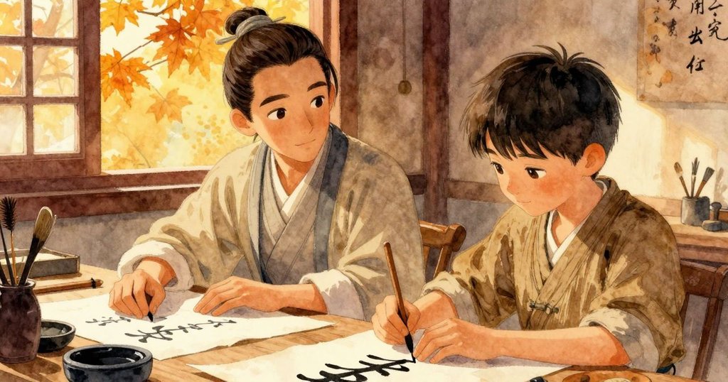 書法室內灑進柔和金光，乾燥紙張與墨具閃爍秋日色澤，窗外露出琥珀樹葉，氛圍溫暖靜謐。