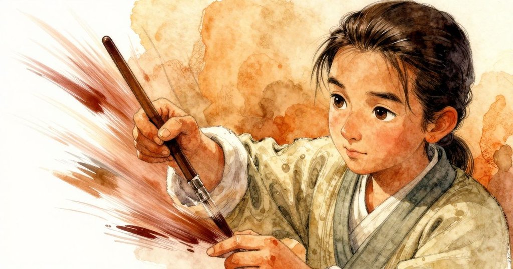 奈爾瞬間停筆，手中毛筆釋放飛濺墨跡，紙上濃淡變化迅速，動態情緒與專注瞬間呈現。