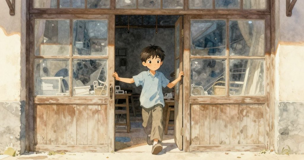 歐文推開玻璃門，踏入狹小的修理店，充滿古老氣息與暖光，展現初次進入場景的好奇神情