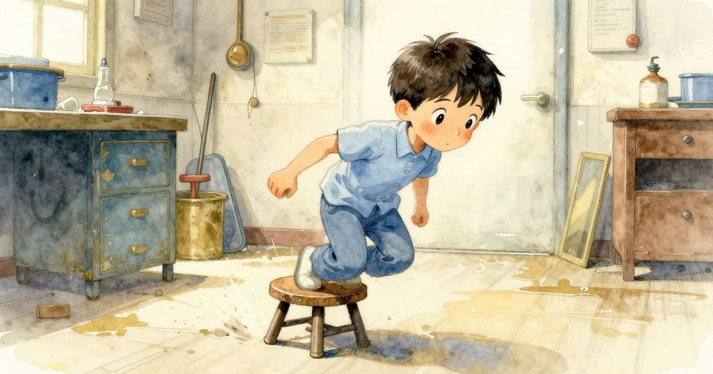 凳子在帶有銹跡的輪子上發出吱吱聲滑向歐文，室內昏黃光線下呈現過渡空間的生動一刻