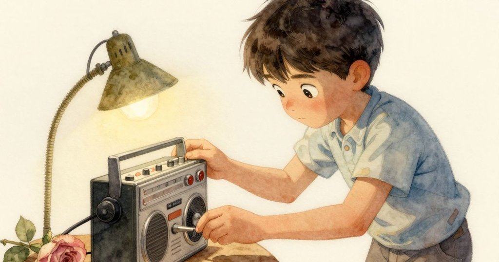 歐文在明亮燈圈下將收音機放在桌上，專注調整零件，鏡頭捕捉他專注的手部動作與溫暖燈光