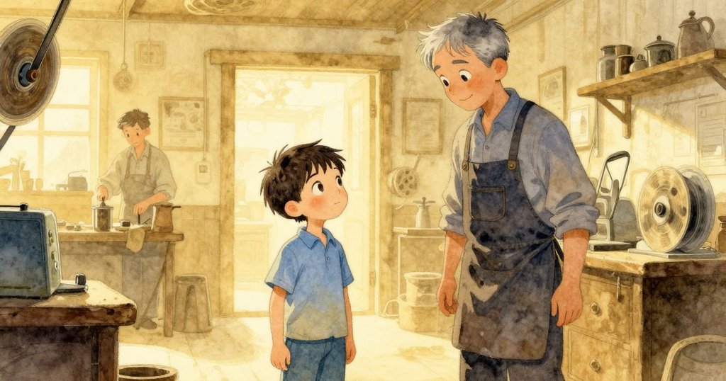 格雷姆與歐文在金色夕陽下共享微笑，收音機轉動著發出低鳴，修理店內充滿溫馨與安定的氣氛