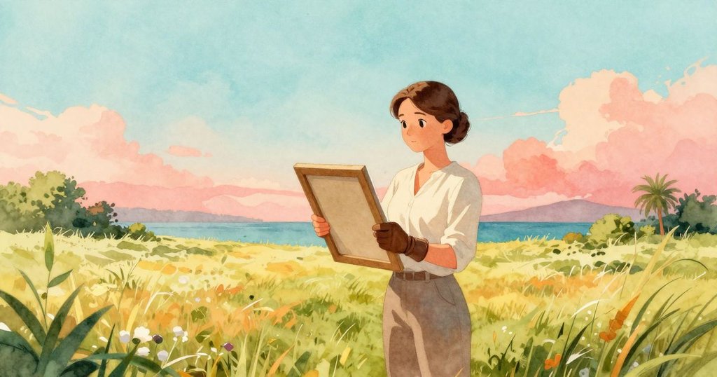 昆恩在陽光普照的草甸邊緣，手持充滿透明金色蜂蜜的木框，表情平靜，背景有綠樹和花朵