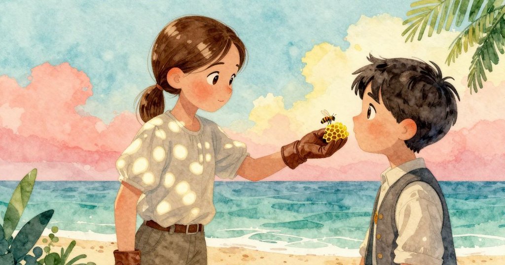 從昆恩視角看見蜻蠟蜂巢微微起伏，一隻小蜜蜂輕觸手套，營造出溫柔的自然細節