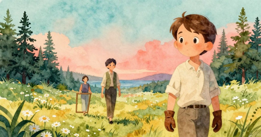 昆恩拿著木框走過草甸，遠處樹林中傳來薩姆的呼喚，背景有搖曳的雛菊和高聳的松樹