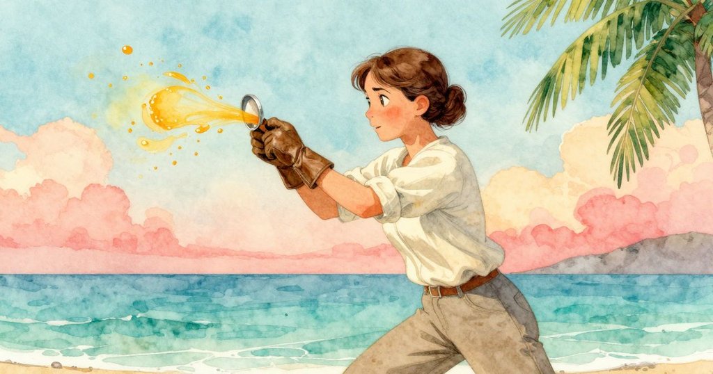 昆恩用皮手套壓著金屬餵食蓋，風中飛舞的蜂膠碎片在草甸上形成動感，場景充滿張力