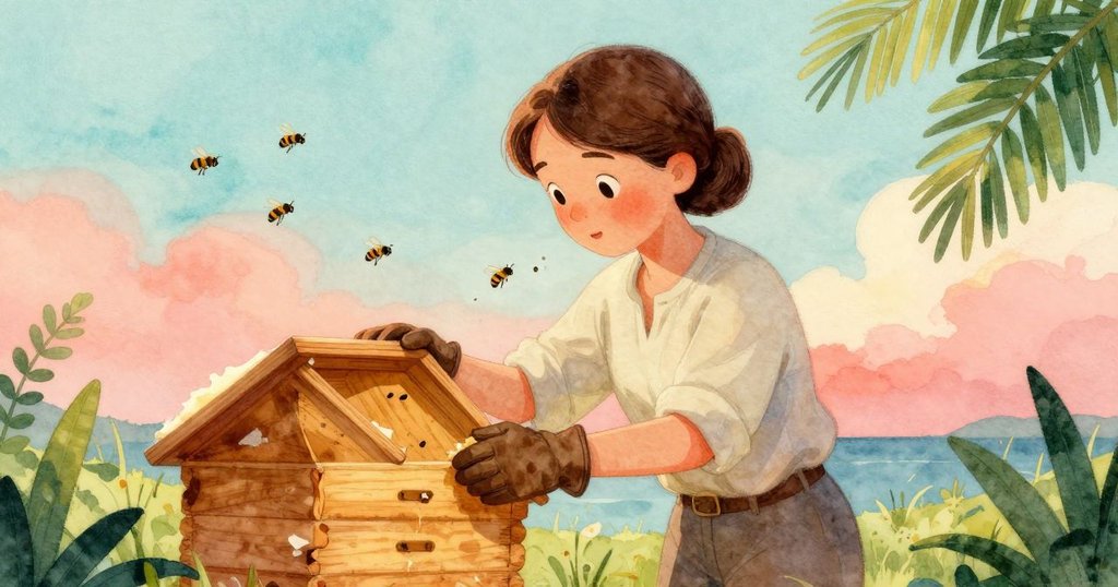 昆恩溫柔地將木框放回蜂巢中，蜂蠟微微起伏，蜜蜂整齊排列，夕陽映照下草甸再次恢復寧靜